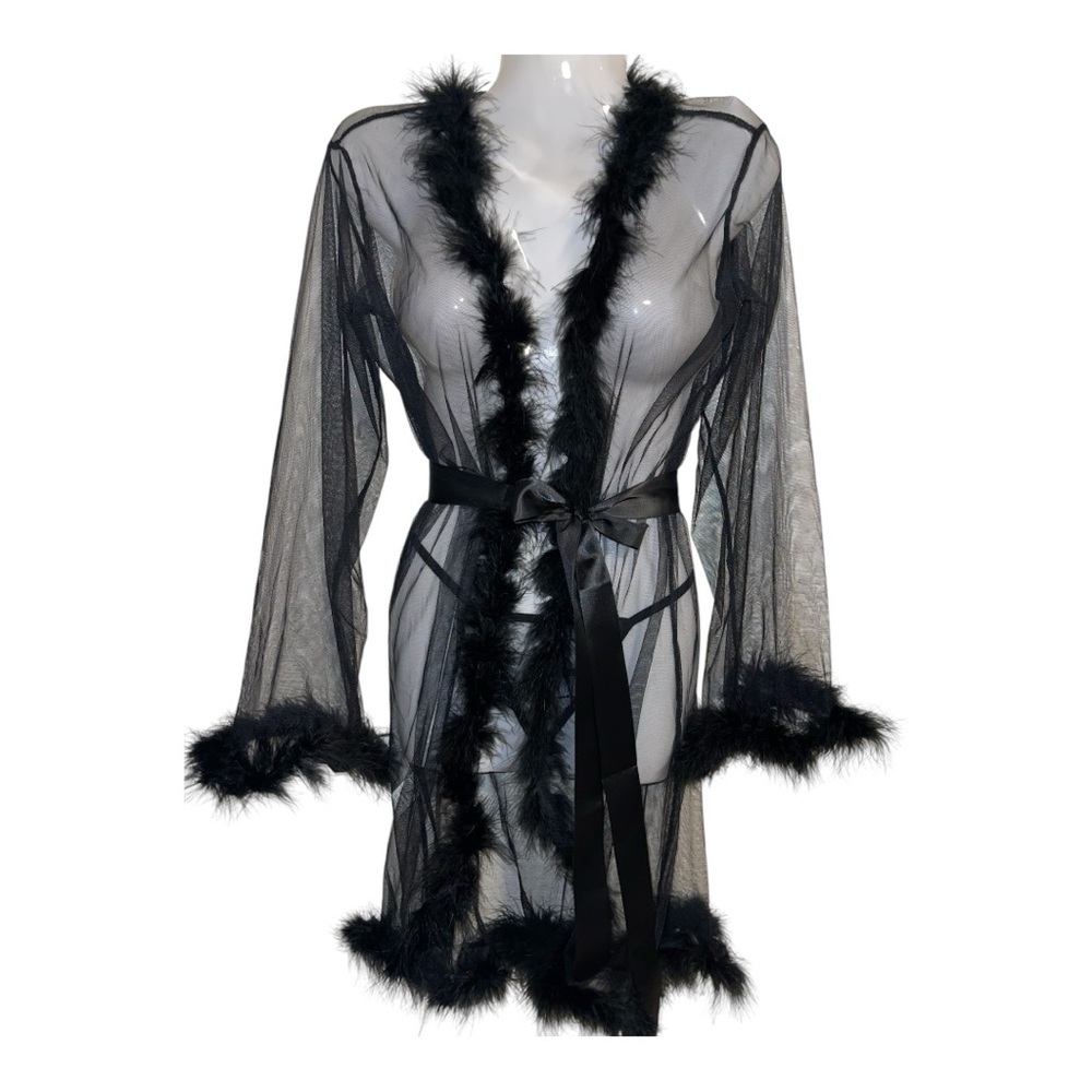 Elegant Black Sheer Robe with Feather Trim